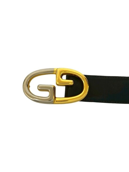 Gucci Vintage GG Logo Buckle Belt Leather Black Gold Silver